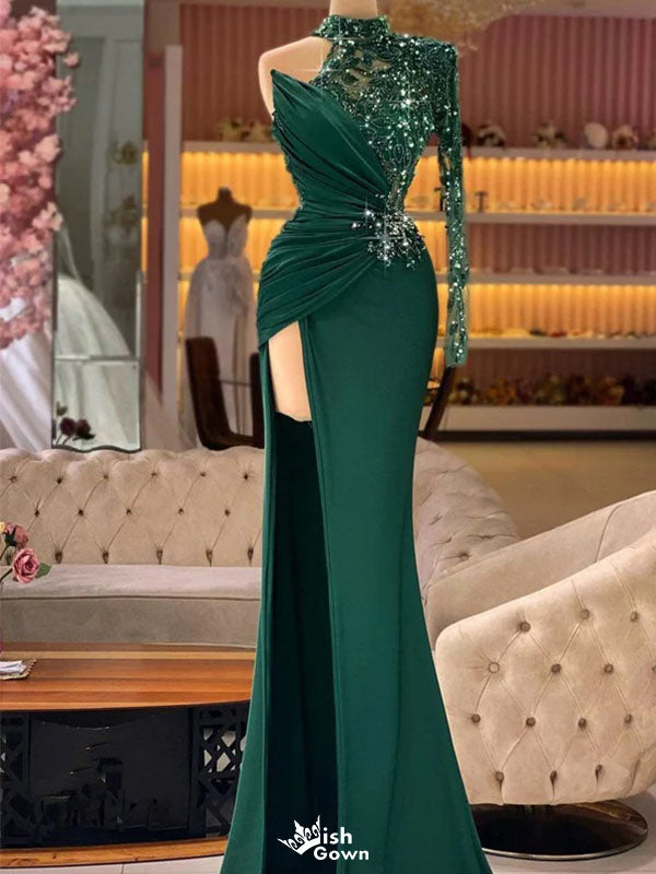 Gorgeous Green One-Shoulder Mermaid Long Prom Dress Ideas, Evening Party Dresses,WGP1977
