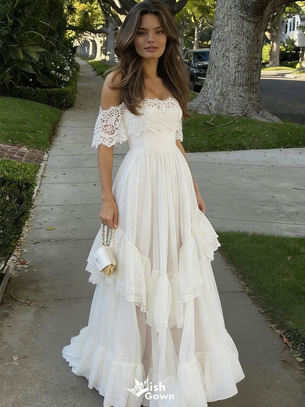 Unique White Lace Prom Gown Off-Shoulder Tiered A-Line Evening Dress,WGP2130