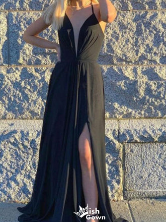 Sexy Halter Deep V-neck A-line Long Prom Dress Ideas, Evening Party Dresses,WGP1273