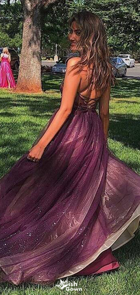 Elegant V-neck Spaghetti Strap A-line Long Prom Dress Ideas, Evening Party Dresses,WGP1299