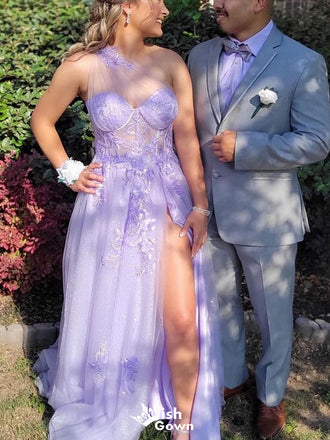 Elegant One-shoulder Lace Unique A-line Long Prom Dress Ideas, Evening Party Dresses,WGP1318