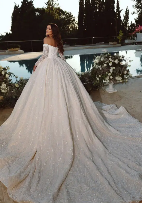 Elegant White Off-Shoulder Lace A-Line Long Wedding Dresses With Sweep Trailing ,WDH167