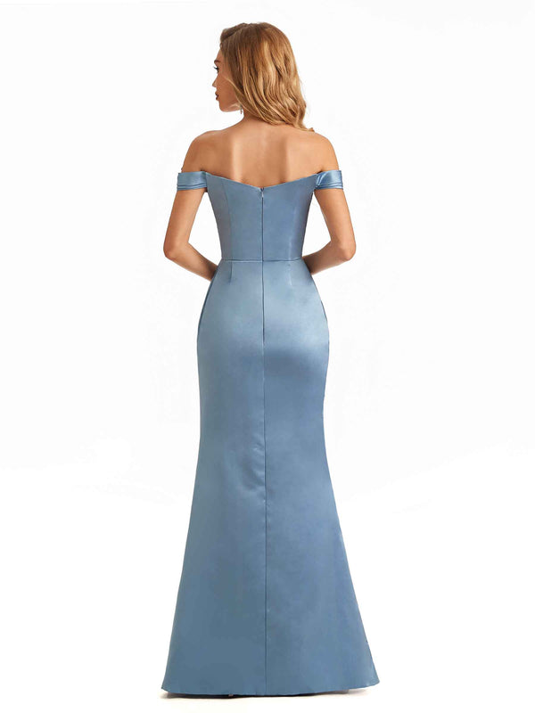 Sexy Side Slit Off The Shoulder Beaded Soft Satin Mermaid Long Prom Dress Ideas, Evening Party Dresses , WGP1868