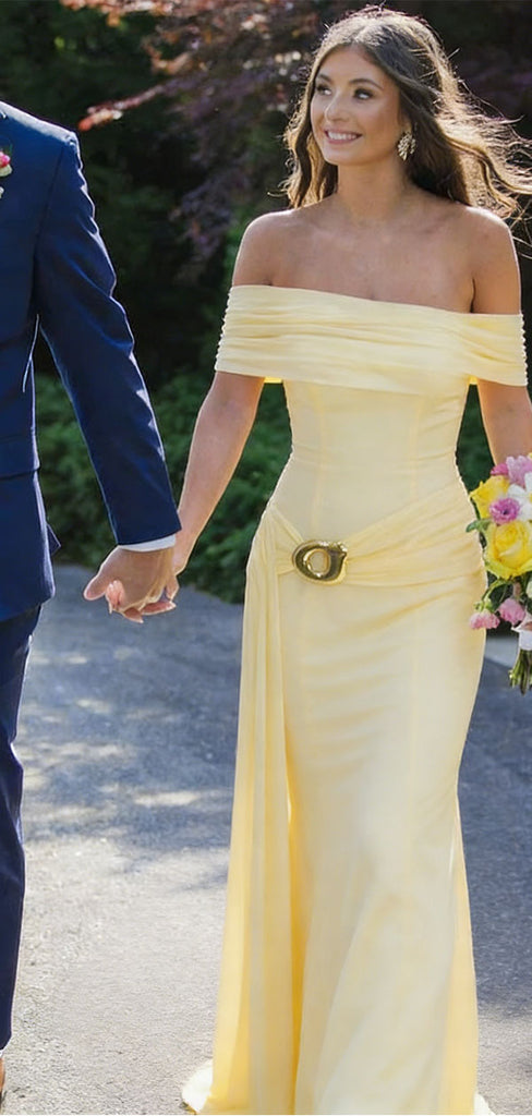 Classy Yellow Off Shoulder Prom Dress Mermaid Long Satin Formal Event Gown,WGP2188