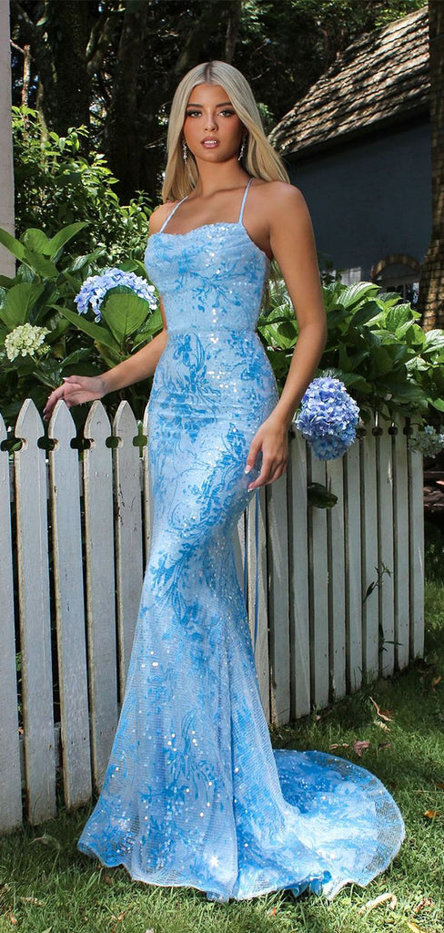 Unique Light Blue Floral Prom Dress Sequin Lace Sleeveless Bodycon Party Gown,WGP2111