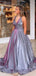 Gorgeous Blue V-Neck A-Line Long Prom Dress Ideas, Evening Party Dresses,WGP1643