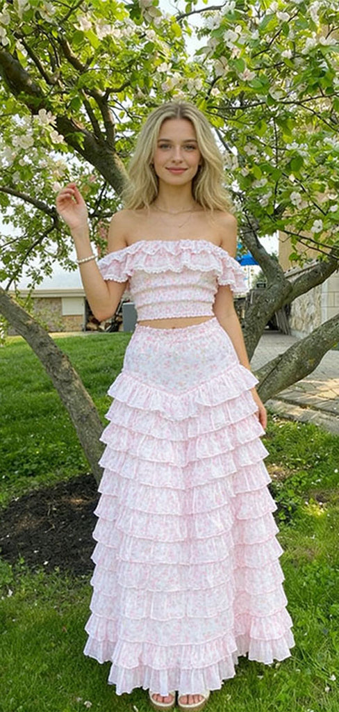 Pretty Floral Off Shoulder Two-Piece Prom Dress Ruffled Tiered Maxi Skirt Set,WGP2168