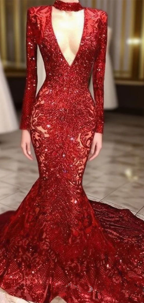 Sexy Red V-Neck Long Sleeve Mermaid Long Prom Dress Ideas, Evening Party Dresses,WGP1854