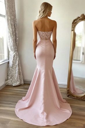 Sexy Blush Pink Satin Mermaid Prom Dress Strapless Ruched Party Gown,WGP2131