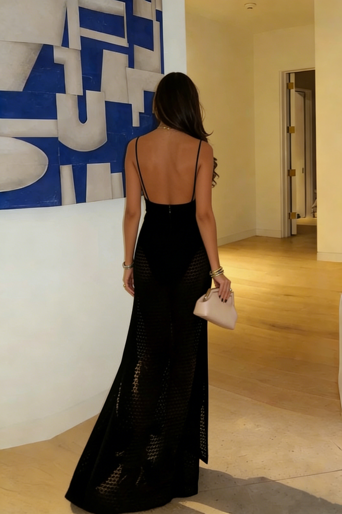 Sexy Black Cutout Prom Dress Sleeveless Mesh Maxi Gown with Ring Detail,WGP2122