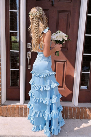 Pretty Ruffled Tiered Light Blue Prom Dress V-Neck Sleeveless Party Gown,WGP2162
