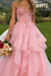 Unique Pink Tiered Tulle Ball Gown Strapless Applique Formal Prom Dress,WGP2146