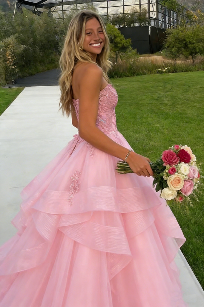 Unique Pink Tiered Tulle Ball Gown Strapless Applique Formal Prom Dress,WGP2146