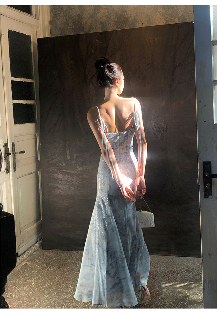 Elegant Blue Spaghetti Strap Mermaid Applique Long Prom Dress Ideas, Evening Party Dresses,WGP1704