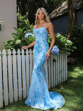 Unique Light Blue Floral Prom Dress Sequin Lace Sleeveless Bodycon Party Gown,WGP2111