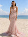 Elegant Pink Mermaid Prom Gown Lace Applique Sheer Corset Bodice Sparkling Beach Party,WGP2083