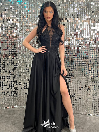 Sexy Black A-Line Halter Side Slit Long Evening Dresses, Formal Dresses, Birthday Party, WGP537