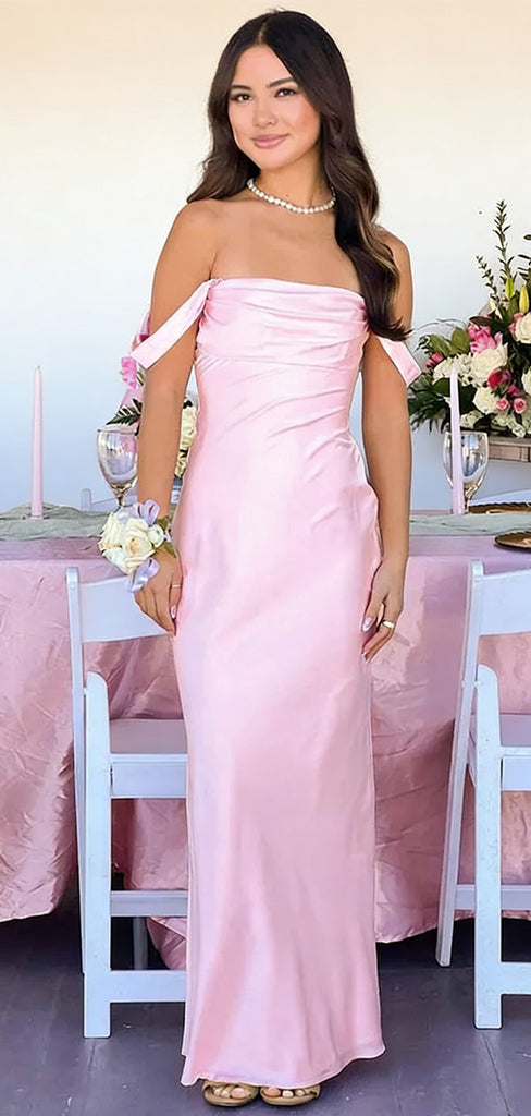 Classy Off-the-Shoulder Pink Satin Mermaid Prom Dresses, Evening Party Dresses,WGP2065
