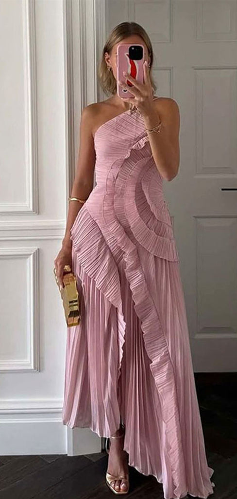 Unique Dusty Rose High Neck Pleated Prom Dress Asymmetrical Ruffle Evening Gown,WGP2163