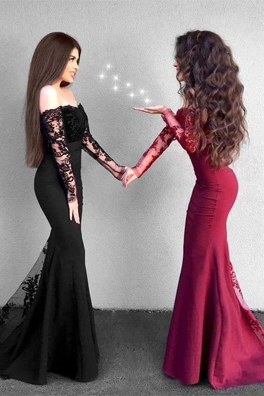 Sexy Black Long Sleeve Mermaid Lace Applique Long Prom Dress Ideas, Evening Party Dresses,WGP1687