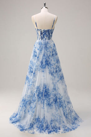 Elegant Blue Spaghetti Strap Mermaid Side Slit Long Prom Dress Ideas, Evening Party Dresses ,  WGP1594