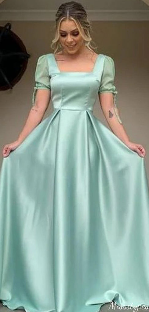 Elegant Square Short Sleeves A-line Long Prom Dress Ideas, Evening Party Dresses,WGP1489