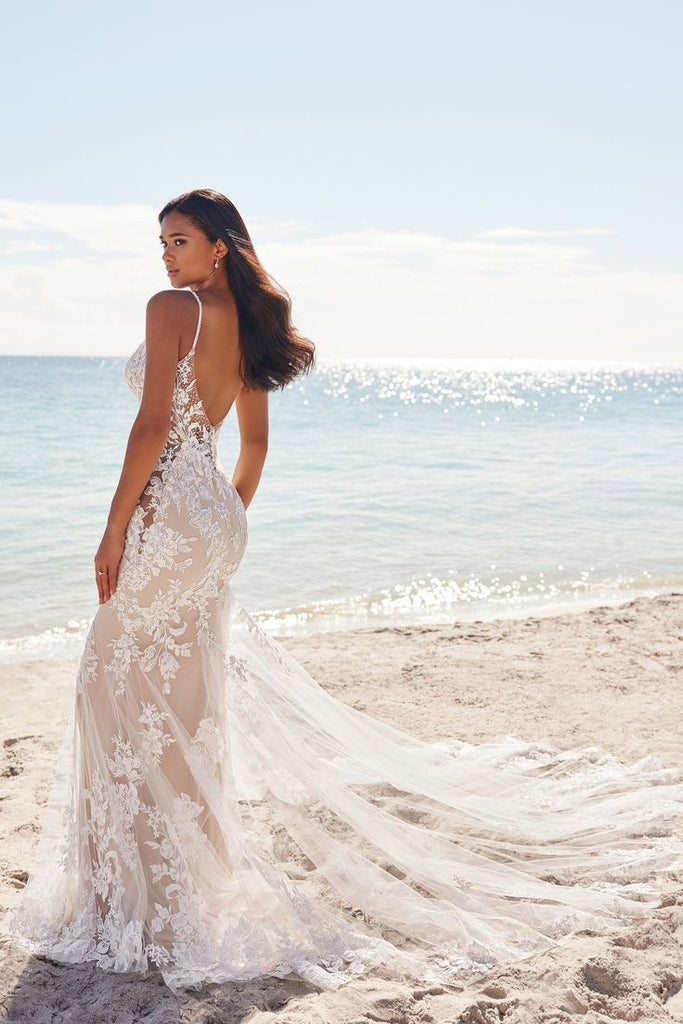 Sexy White Spaghetti Strap Lace Mermaid Long Wedding Dresses With Sweep Trailing,WDH164