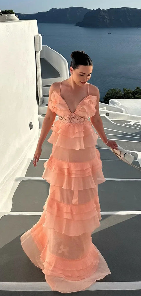 Elegant Coral Spaghetti Strap A-Line Long Prom Dress Ideas, Evening Party Dresses,WGP1756