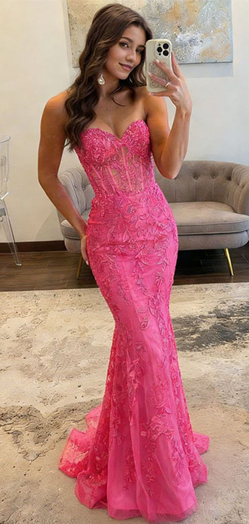 Stunning Hot Pink Lace Prom Dress Mermaid Strapless Embroidered Gown,WGP2133