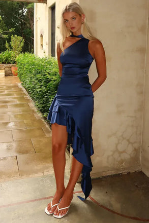 Unique Navy Blue One Shoulder Satin Prom Dress ,Evening Party Dresses,WGP2071