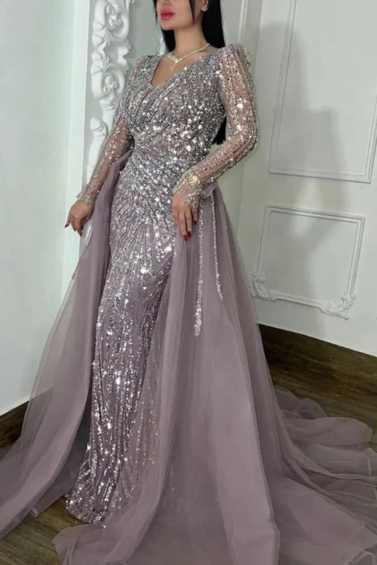 Unique Purple V-Neck Long Sleeve Mermaid Long Prom Dress Ideas, Evening Party Dresses,WGP1904