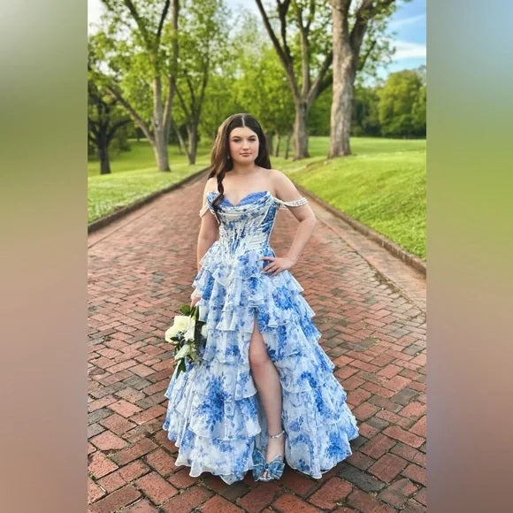 Elegant Blue Off-Shoulder A-Line Long Prom Dress Ideas, Evening Party Dresses , WGP1595
