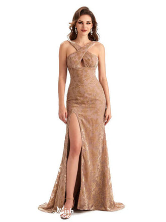 Unique Gold V-Neck Mermaid Side Slit Long Prom Dress Ideas, Evening Party Dresses,WGP1706