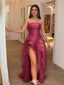 Bold Pink Organza High Slit Prom Gown Strapless Tiered Ruffle Party Dress,WGP2204