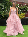 Beautiful Blush Pink Lace Prom Dress V-Neck Spaghetti Straps Ruffled Tulle Ball Gown,WGP2053