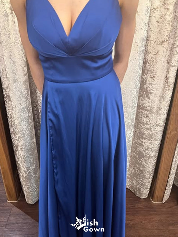 Elegant Spaghetti Strap V-neck A-line Long Prom Dress Ideas, Evening Party Dresses,WGP1536