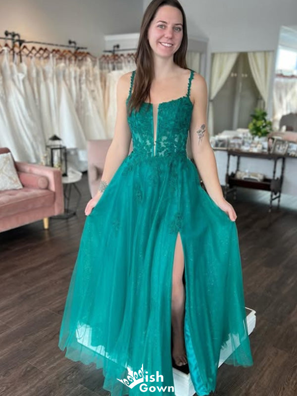 Gorgeous Spaghetti Strap Notched A-line Long Prom Dress Ideas, Evening Party Dresses,WGP1545