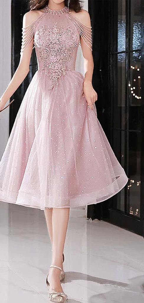 Sparkly Applique Pink Halter A-Line Long Prom Dress Ideas, Evening Party Dresses,WGP1917