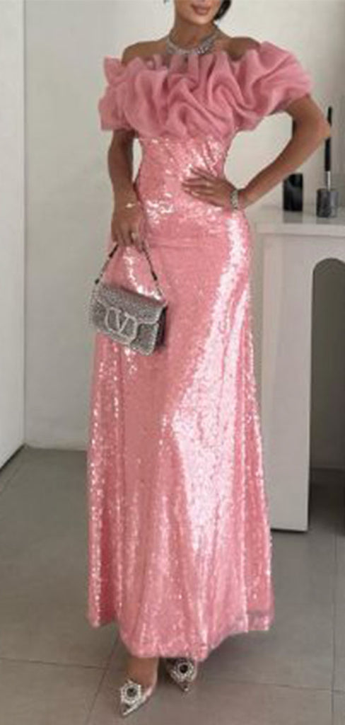 Sparkly Pink Off-Shoulder Floral Mermaid Long Prom Dress Ideas, Evening Party Dresses,WGP1839