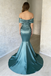 Modern Teal Green Satin Prom Gown Off the Shoulder Crystal Beaded Mermaid Formal Dress,WGP2086