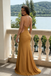 Modern Gold Satin Cowl Neck Prom Dress Sexy Backless Ruched Bodycon Gown,WGP2216