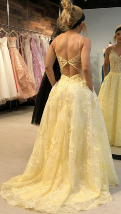 Unique Yellow Lace Ball Gown Prom Dress Pretty V-Neck Spaghetti Strap Puffy Party Dress,WGP2091