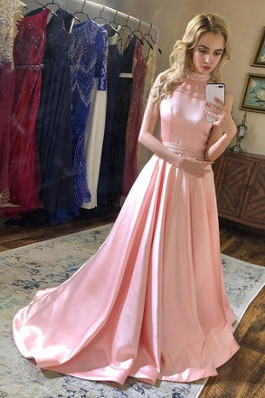 Elegant Pink High-Neck A-Line Long Prom Dress Ideas, Evening Party Dresses,WGP1846