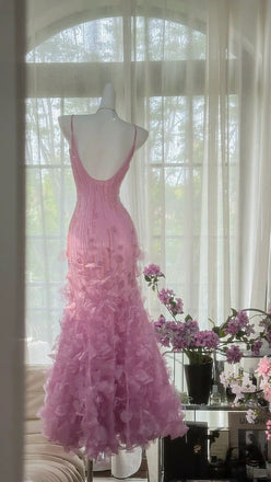 Elegant Pink Spaghetti Strap Mermaid Floral Long Prom Dress Ideas, Evening Party Dresses,WGP1637