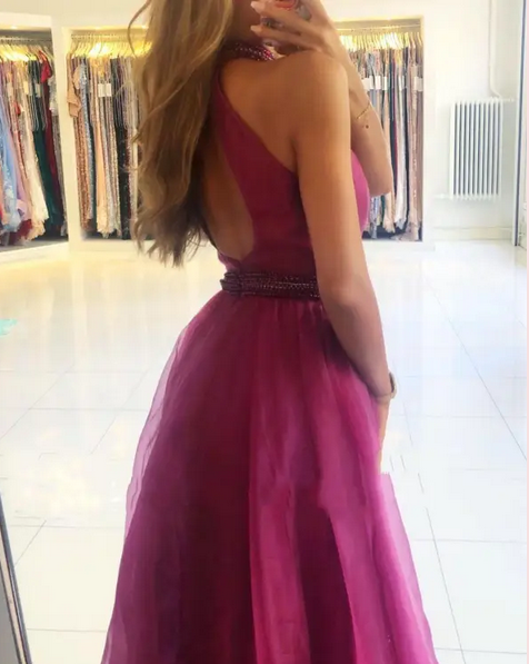 Sexy Pink High-Neck A-Line Side Slit Long Prom Dress Ideas, Evening Party Dresses,WGP1645