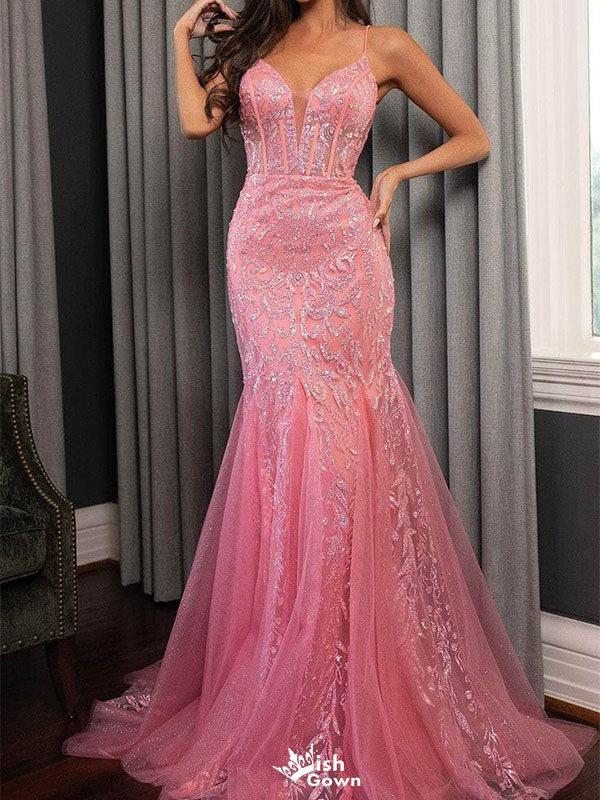 Classy Rose Pink Sequin Prom Gown V-Neck Sparkly Mermaid Formal Wear,WGP2134