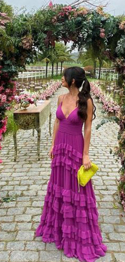 Stunning Fuchsia Tiered Prom Gown Ruffled Deep V-Neck Formal Party Dress,WGP2171