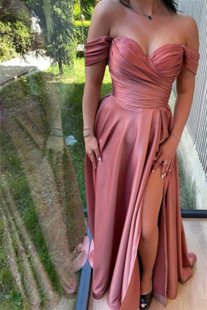 Elegant Pink Off-Shoulder A-Line Long Prom Dress Ideas, Evening Party Dresses, WGP1994
