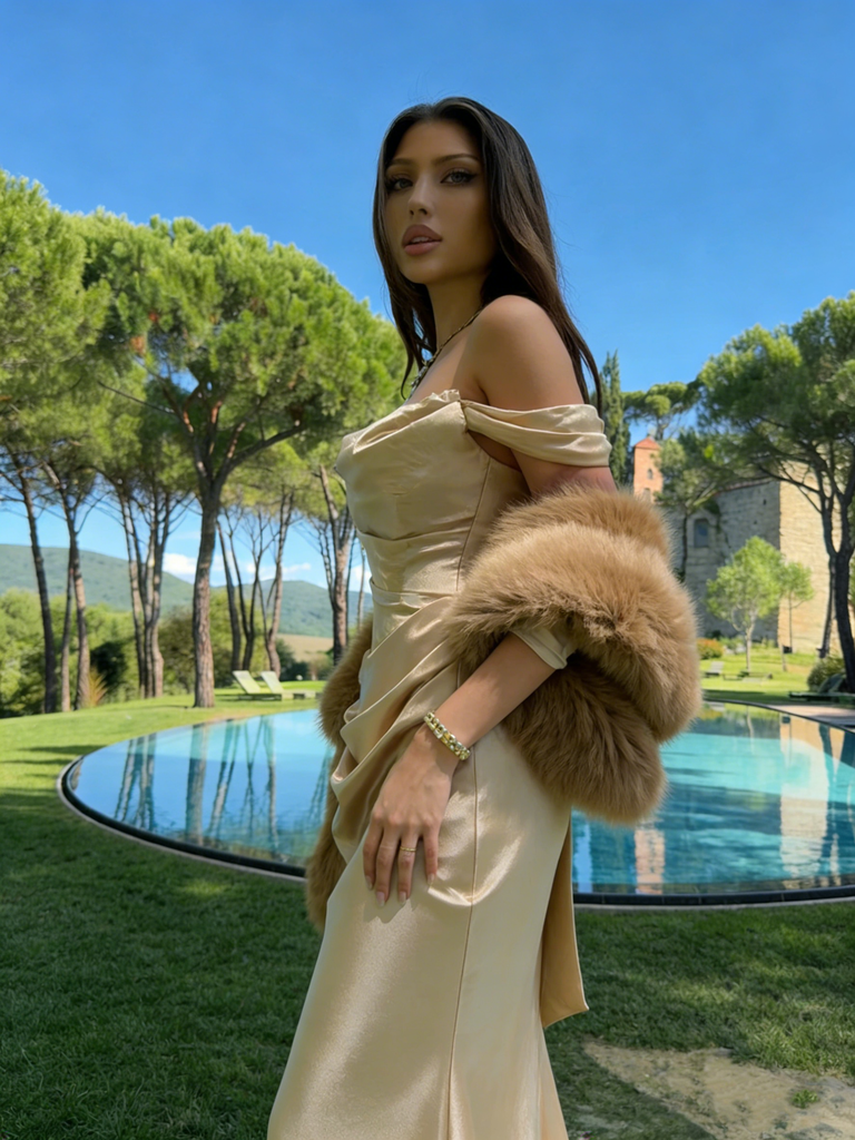 Luxurious Gold Satin Off-Shoulder Prom Gown with Draped Neckline Slim Silhouette,WGP2195