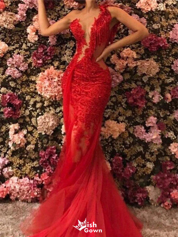 Unique Red Mermaid Lace Long Prom Dress Ideas, Evening Party Dresses,WGP1887